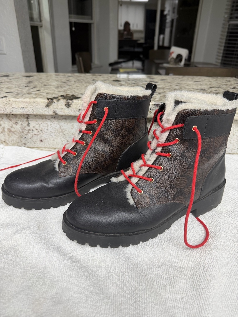 COACH Signature Canvas Shearling Combat Booties | Black/Brown | Size 8.5B (CW711